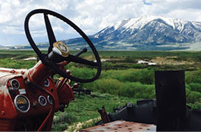 An old red tractor with a black seat is parked in a field with a mountain in the background. AI generated content